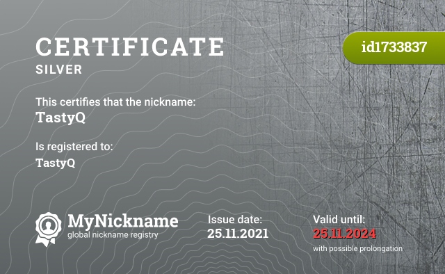 Certificate for nickname TastyQ, registered to: Anthony