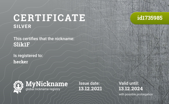 Certificate for nickname Slik1F, registered to: hecker