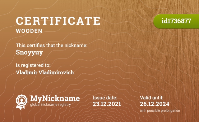 Certificate for nickname Snoyyuy, registered to: Владимир Владимирович