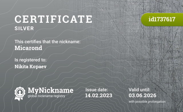 Certificate for nickname Micarond, registered to: Никита Копаев