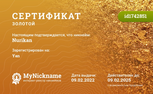 Сертификат на никнейм Nurikan, зарегистрирован на Yan