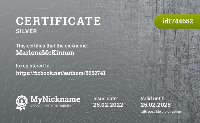 Certificate for nickname MarleneMcKinnon, registered to: https://ficbook.net/authors/5652741