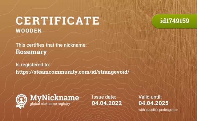 Certificate for nickname Rosemary, registered to: https://steamcommunity.com/id/strangevoid/