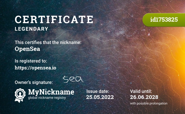 Certificate for nickname OpenSea, registered to: https://opensea.io