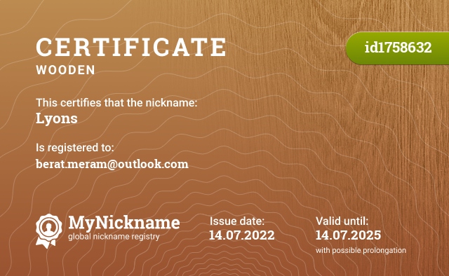 Certificate for nickname Lyons, registered to: berat.meram@outlook.com