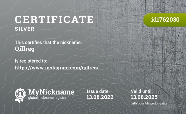 Certificate for nickname Qillreg, registered to: https://www.instagram.com/qillreg/