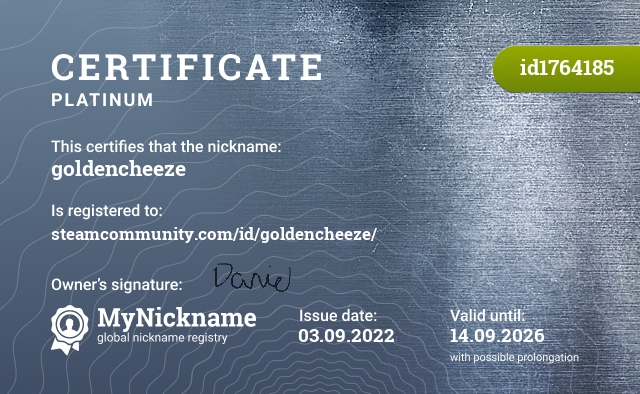 Certificate for nickname goldencheeze, registered to: steamcommunity.com/id/goldencheeze/