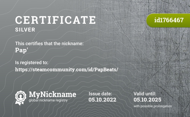 Certificate for nickname Pap', registered to: https://steamcommunity.com/id/PapBeats/