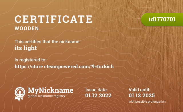 Certificate for nickname its light, registered to: https://store.steampowered.com/?l=turkish