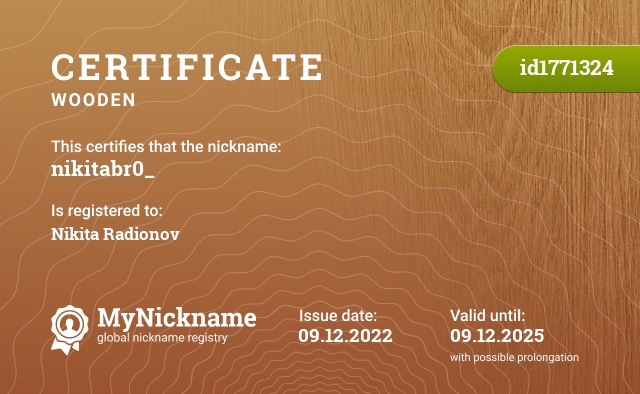 Certificate for nickname nikitabr0_, registered to: Nikita Radionov