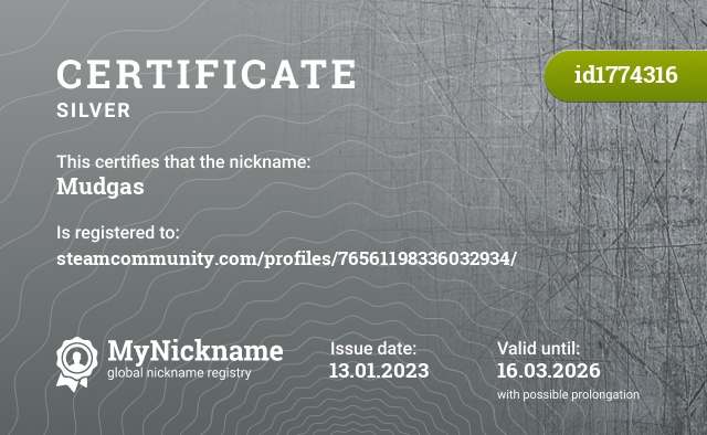 Certificate for nickname Mudgas, registered to: steamcommunity.com/profiles/76561198336032934/