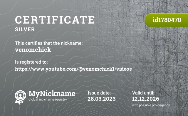 Certificate for nickname venomchick, registered to: https://www.youtube.com/@venomchick1/videos