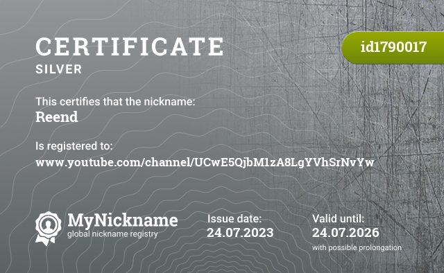 Certificate for nickname Reend, registered to: www.youtube.com/channel/UCwE5QjbM1zA8LgYVhSrNvYw