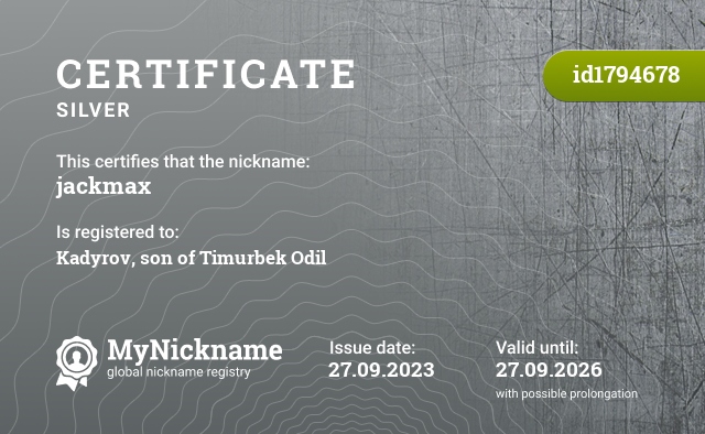 Certificate for nickname jackmax, registered to: Timurbek Odil o'g'li Qodirov