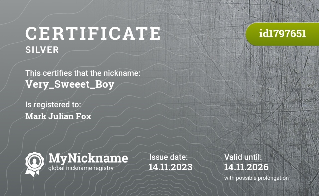 Certificate for nickname Very_Sweeet_Boy, registered to: Марк Юлиан Фокс