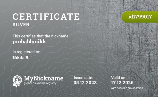 Certificate for nickname probablynikk, registered to: Nikita B.