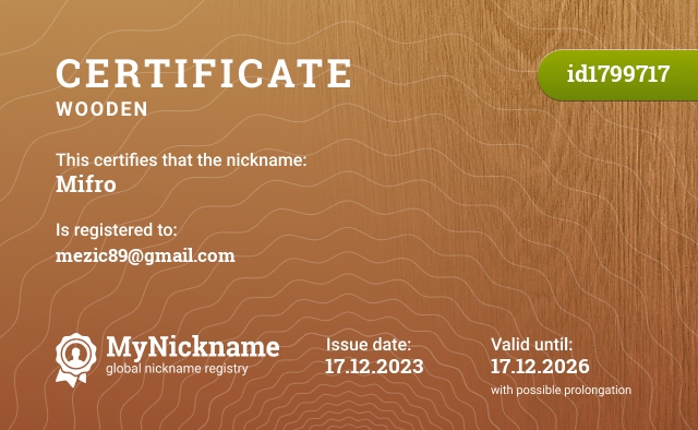 Certificate for nickname Mifro, registered to: mezic89@gmail.com