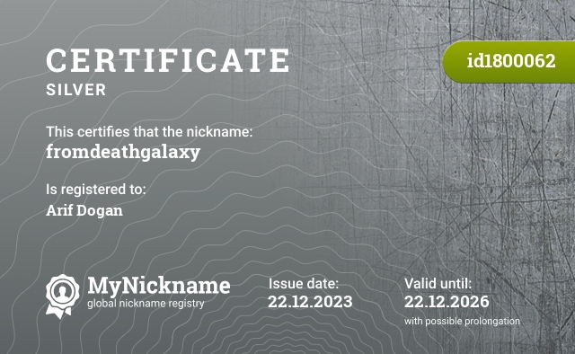 Certificate for nickname fromdeathgalaxy, registered to: Arif Dogan