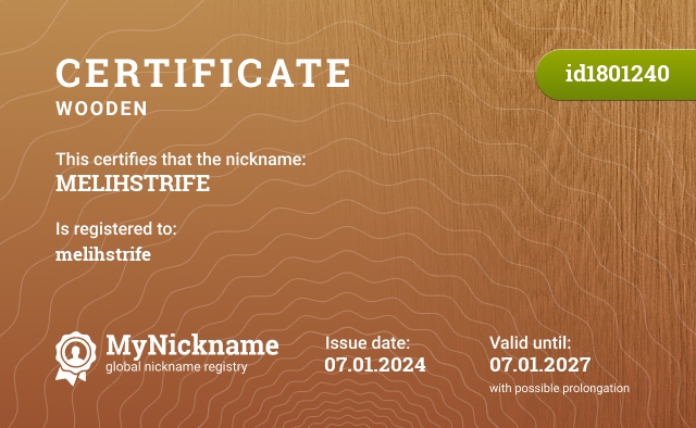 Certificate for nickname MELIHSTRIFE, registered to: melihstrife