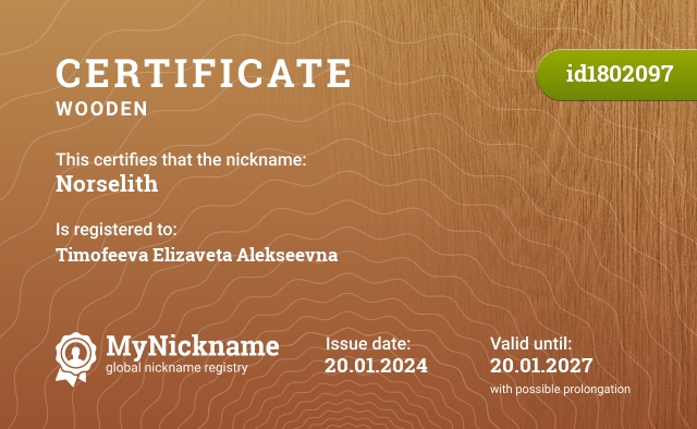 Certificate for nickname Norselith, registered to: Тимофееву Елизавету Алексеевну