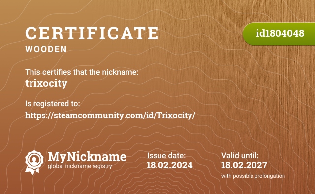 Certificate for nickname trixocity, registered to: https://steamcommunity.com/id/Trixocity/