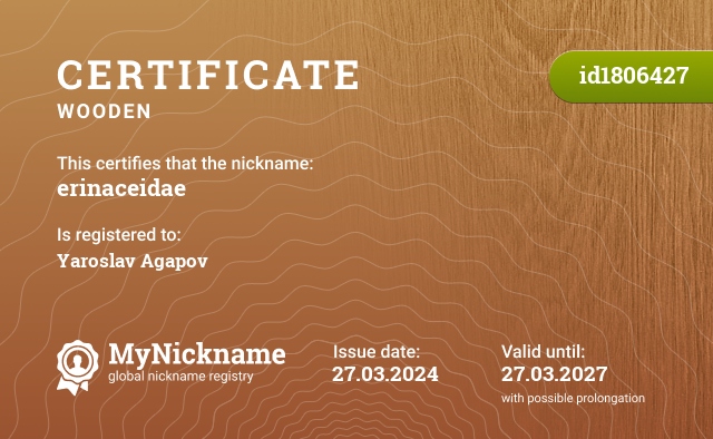 Certificate for nickname erinaceidae, registered to: Yaroslav Agapov