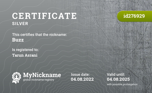 Certificate for nickname Buzz, registered to: Tarun Asrani