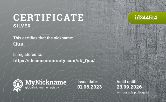 Certificate for nickname Qua, registered to: https://steamcommunity.com/id/_Qua/