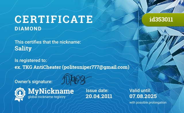 Certificate for nickname Sality, registered to: ex. TKG AntiCheater (politesniper777@gmail.com)
