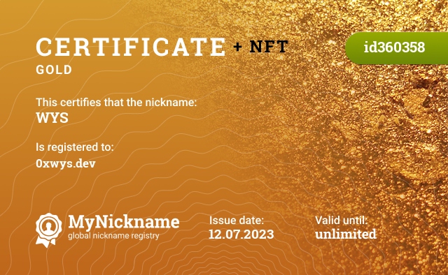Certificate for nickname WYS, registered to: 0xwys.dev