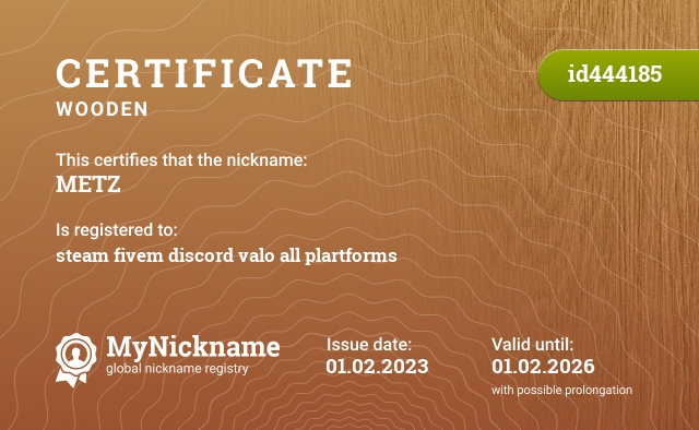 Certificate for nickname METZ, registered to: steam fivem discord valo all plartforms