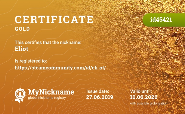 Certificate for nickname Eliot, registered to: https://steamcommunity.com/id/eli-ot/