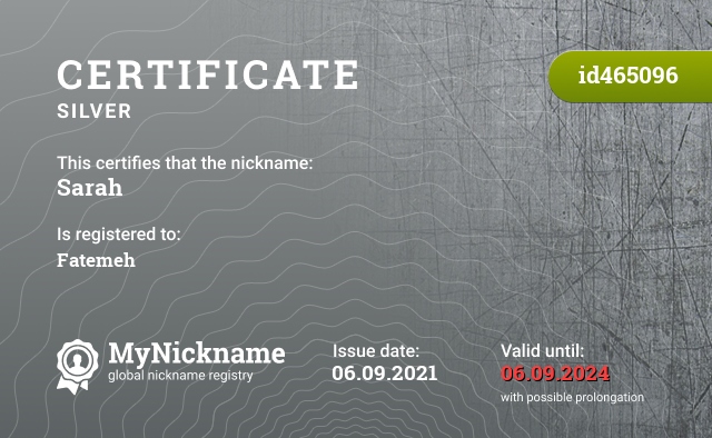 Certificate for nickname Sarah, registered to: Fatemeh