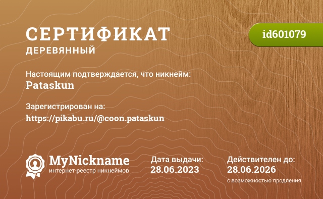 Сертификат на никнейм Pataskun, зарегистрирован на https://pikabu.ru/@coon.pataskun