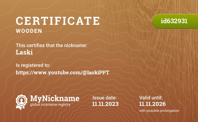 Certificate for nickname Laski, registered to: https://www.youtube.com/@laskiPPT