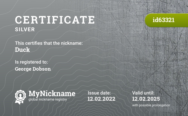 Certificate for nickname Duck, registered to: George Dobson