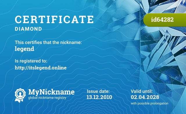 Certificate for nickname legend, registered to: http://itslegend.online