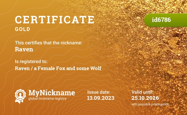 Certificate for nickname Raven, registered to: Raven / a Female Fox and some Wolf