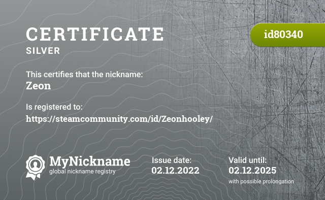 Certificate for nickname Zeon, registered to: https://steamcommunity.com/id/Zeonhooley/