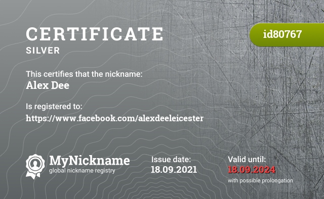 Certificate for nickname Alex Dee, registered to: https://www.facebook.com/alexdeeleicester