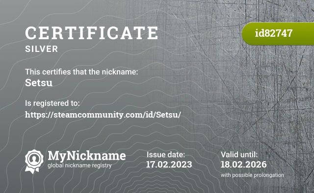 Certificate for nickname Setsu, registered to: https://steamcommunity.com/id/Setsu/
