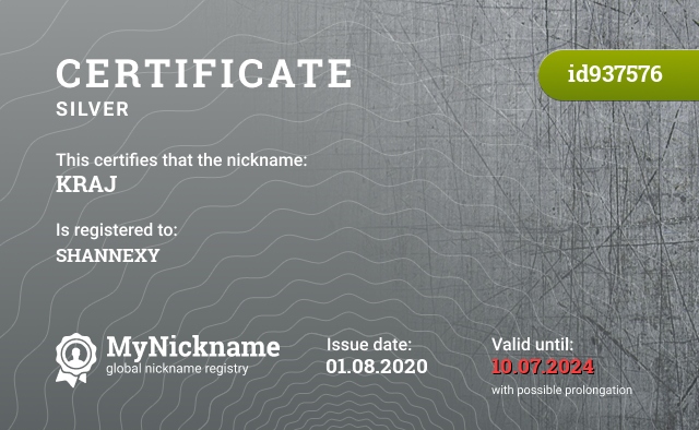 Certificate for nickname KRAJ, registered to: SHANNEXY