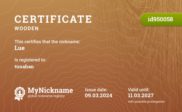 Certificate for nickname Lue, registered to: Tunahan
