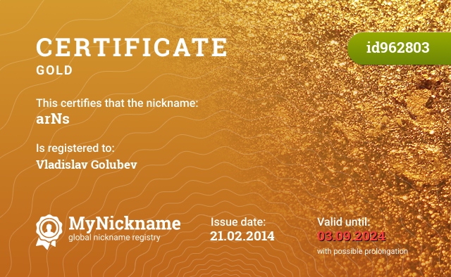 Certificate for nickname arNs, registered to: Владислав Голубев